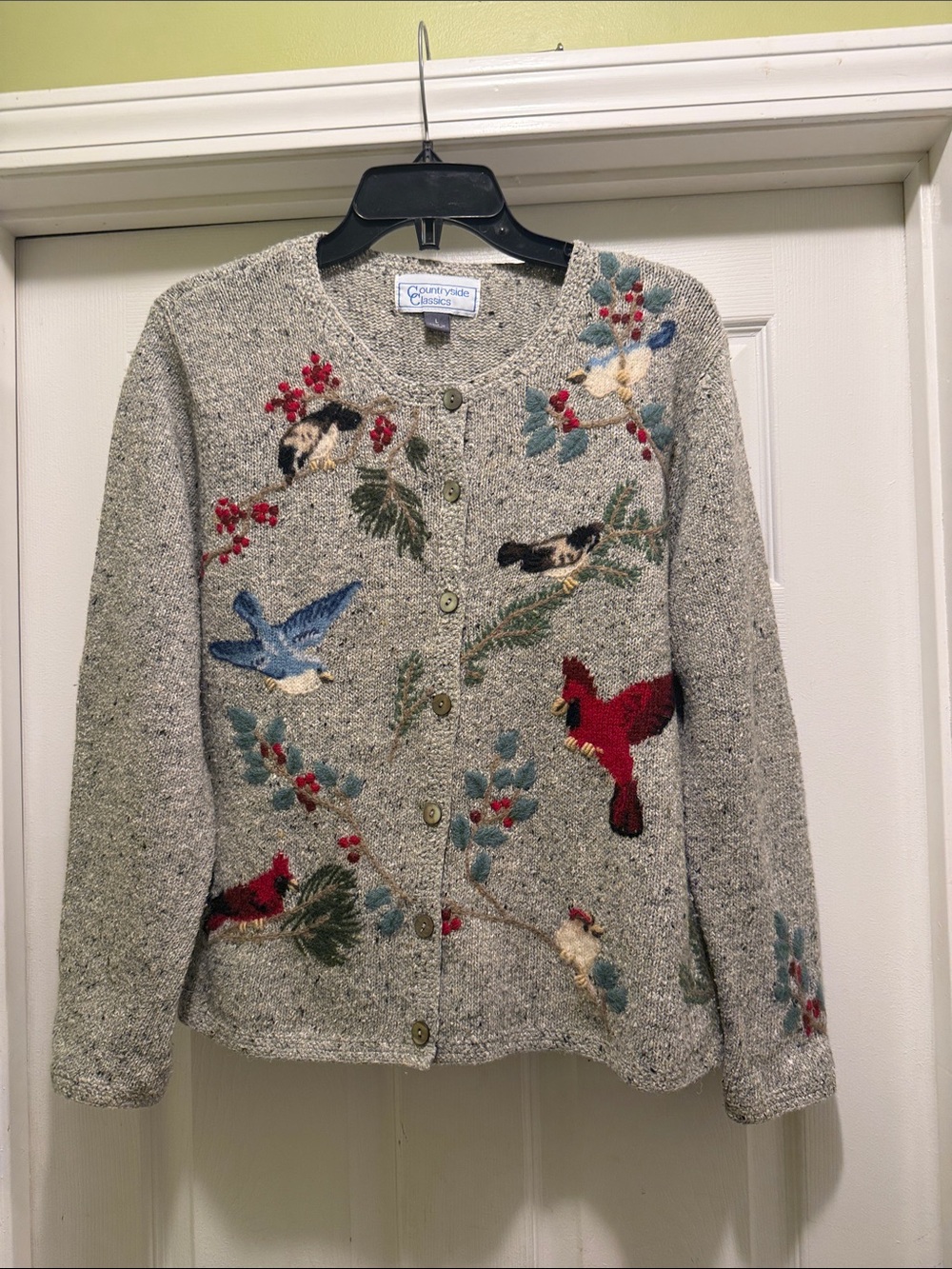 Countryside Classics Bird Embroidered Cardigan Sweater L Heather Gray
Descripti